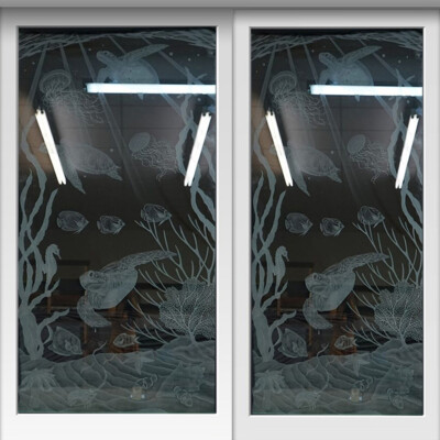 Sea Turtle Scene Etched on glass windows