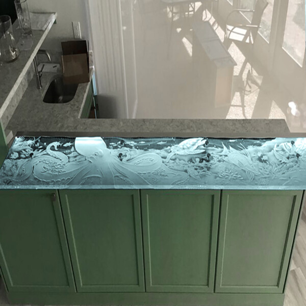 Custom etched glass countertop